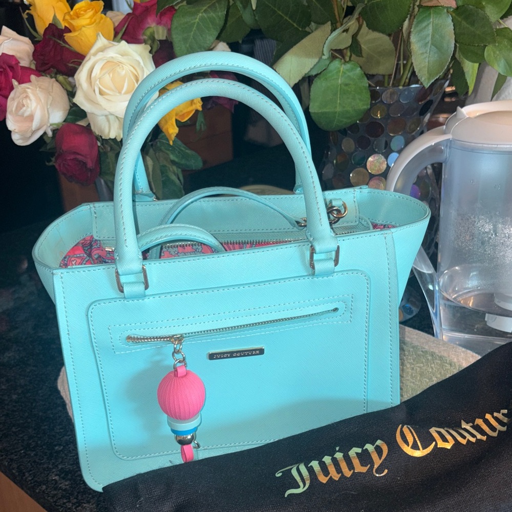 Juicy Couture Aqua Leather Tote with Pink Charm Accent